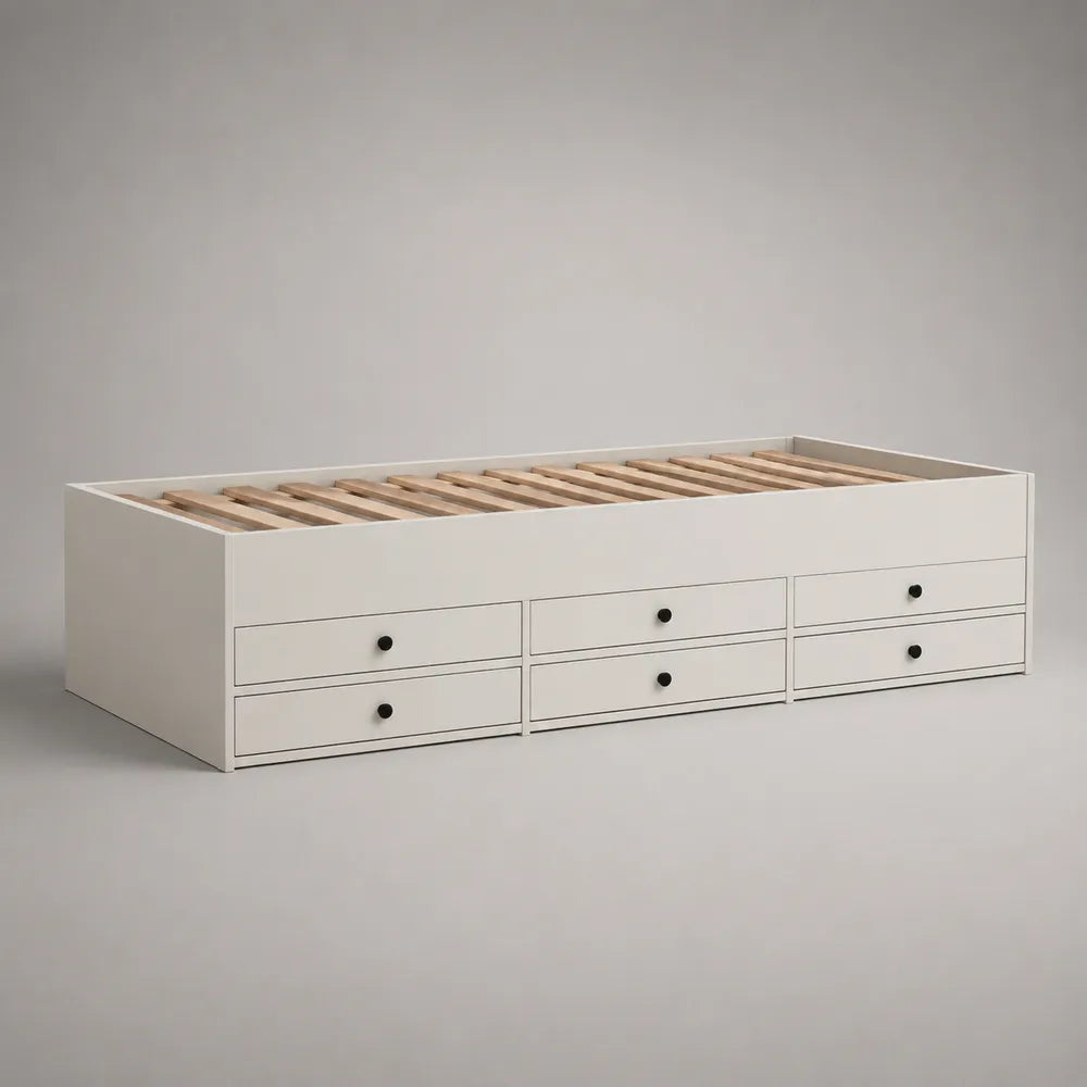 Letto singolo con contenitore a cassetti struttura in pannello truciolare melaminico bianco e doghe in legno 90 x 200 cm