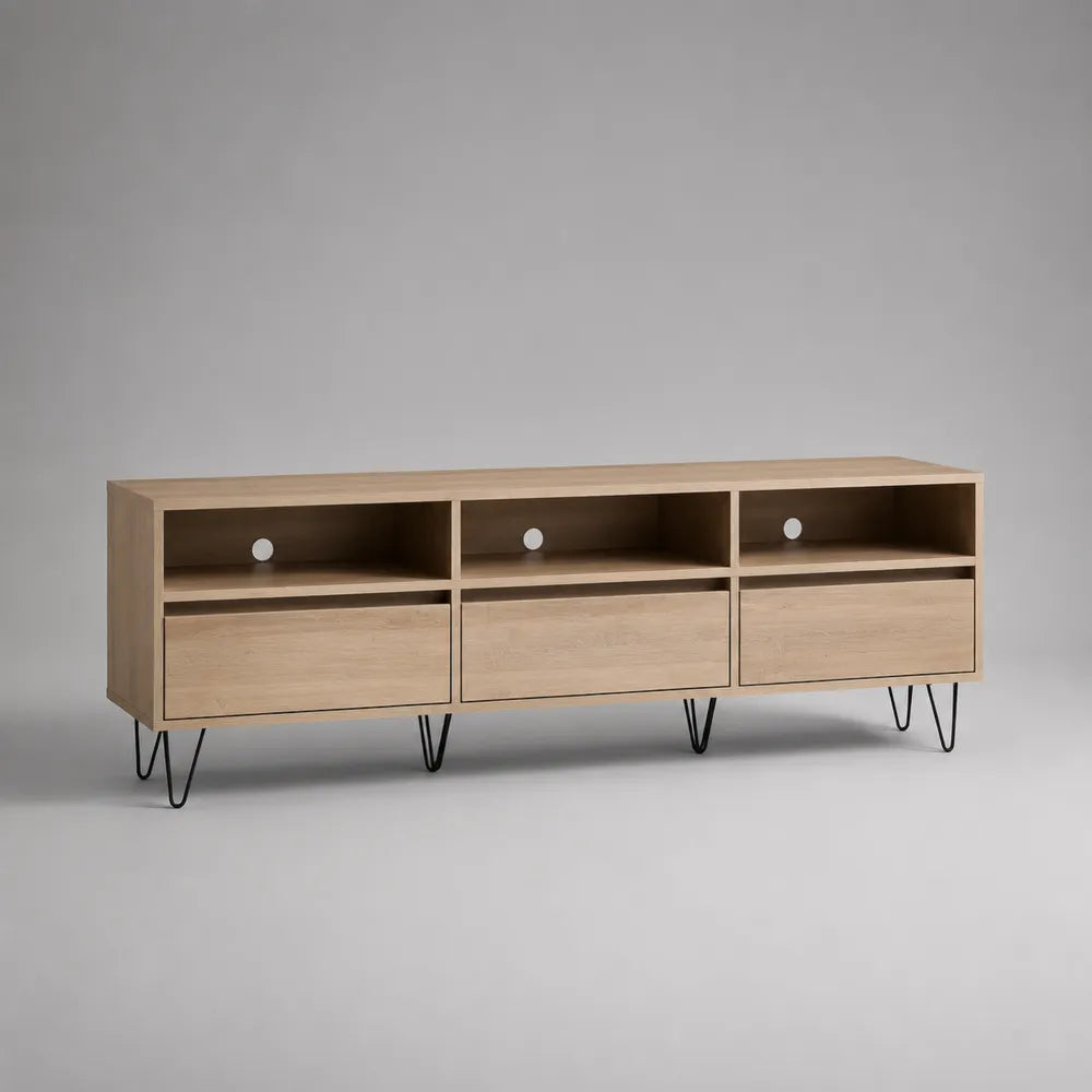 Mobile TV 180 cm x 40 cm x 50 cm in pannelli truciolari melaminici effetto rovere chiaro con 3 vani aperti e 3 cassetti gambe in acciaio nero