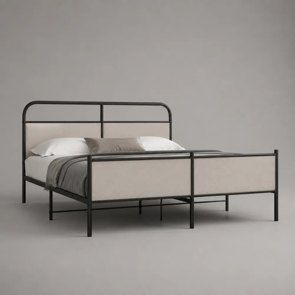 Letto matrimoniale 160 x 200 cm con struttura in acciaio nero testiera e pediera imbottite in tessuto beige forma rettangolare