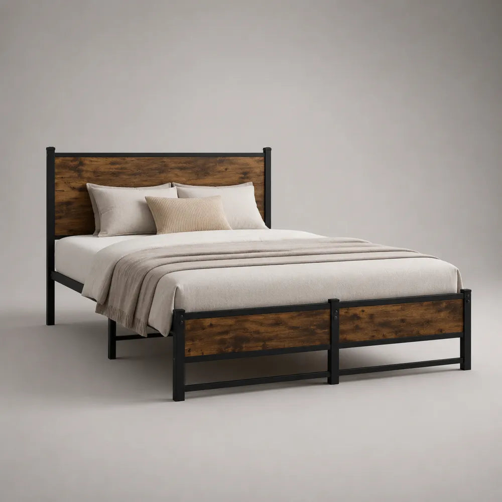 Letto matrimoniale struttura in acciaio verniciato a polvere con pannelli effetto legno noce e doghe in multistrato di betulla 160x200 cm nero marrone