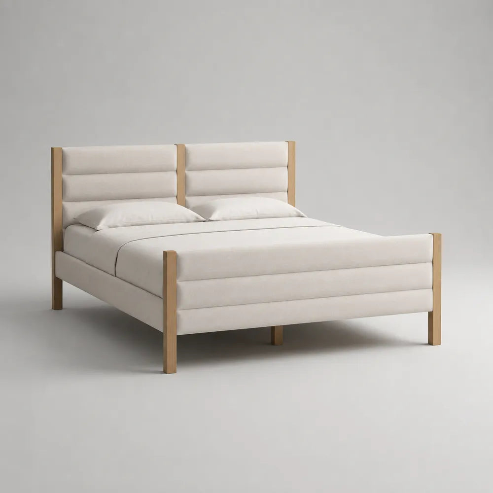 Letto matrimoniale struttura imbottita 160x200 cm rivestimento tessuto poliestere beige con testiera pannelli orizzontali e gambe in legno naturale