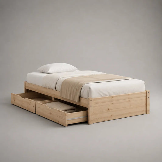 Letto singolo con cassetti in legno massello di pino struttura rettangolare con rete a doghe colore legno naturale 200x98x40 cm