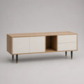Mobile TV 180 cm x 40 cm x 55 cm in pannelli truciolari e MDF finitura rovere naturale e bianco con gambe in acciaio nero e vani contenitori e cassetti