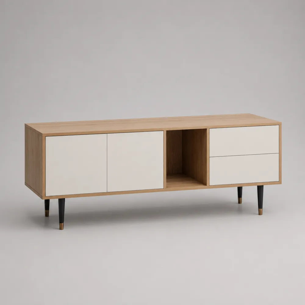 Mobile TV 180 cm x 40 cm x 55 cm in pannelli truciolari e MDF finitura rovere naturale e bianco con gambe in acciaio nero e vani contenitori e cassetti