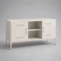 Mobile TV 140 cm x 40 cm x 60 cm in pannelli MDF bianco con ante laterali forate e ripiano centrale aperto struttura rettangolare in metallo