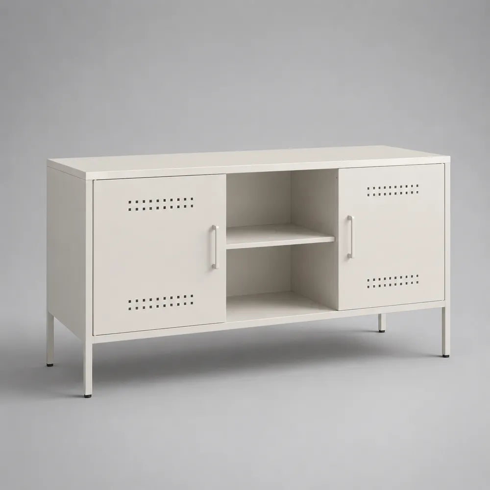 Mobile TV 140 cm x 40 cm x 60 cm in pannelli MDF bianco con ante laterali forate e ripiano centrale aperto struttura rettangolare in metallo