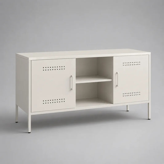 Mobile TV 140 cm x 40 cm x 60 cm in pannelli MDF bianco con ante laterali forate e ripiano centrale aperto struttura rettangolare in metallo