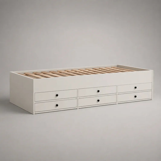 Letto singolo con contenitore a cassetti struttura in pannello truciolare melaminico bianco e doghe in legno 90 x 200 cm