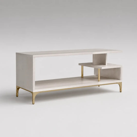 Mobile TV in pannello truciolare melaminico bianco con struttura in acciaio verniciato oro con ripiano laterale asimmetrico 160 cm 40 cm 55 cm