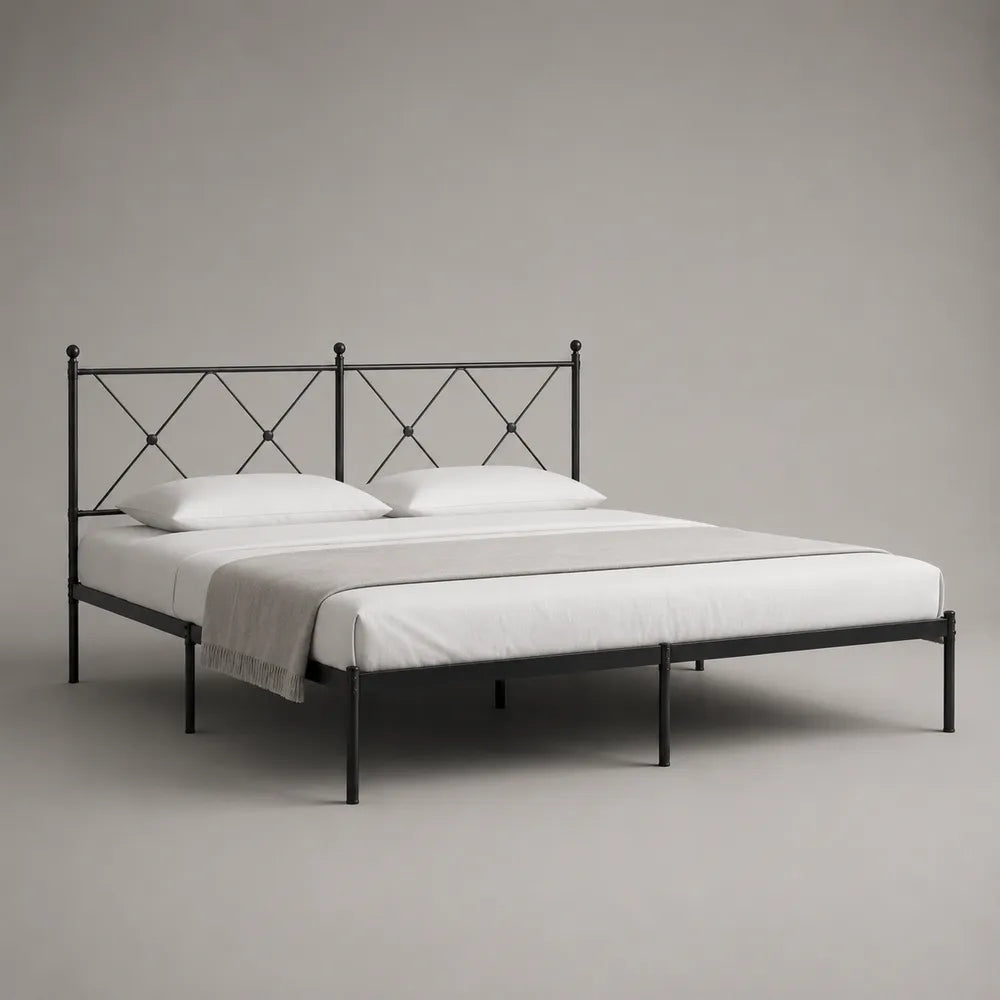 Letto matrimoniale 160 x 200 cm struttura in acciaio verniciato nero con testiera in tubolare metallico a incrocio rete a doghe e gambe cilindriche