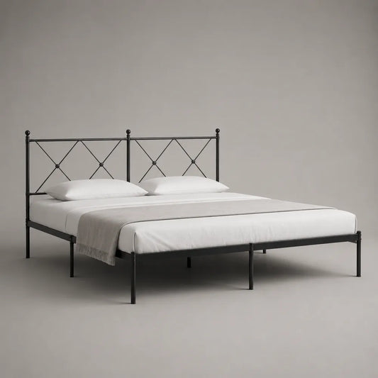 Letto matrimoniale 160 x 200 cm struttura in acciaio verniciato nero con testiera in tubolare metallico a incrocio rete a doghe e gambe cilindriche