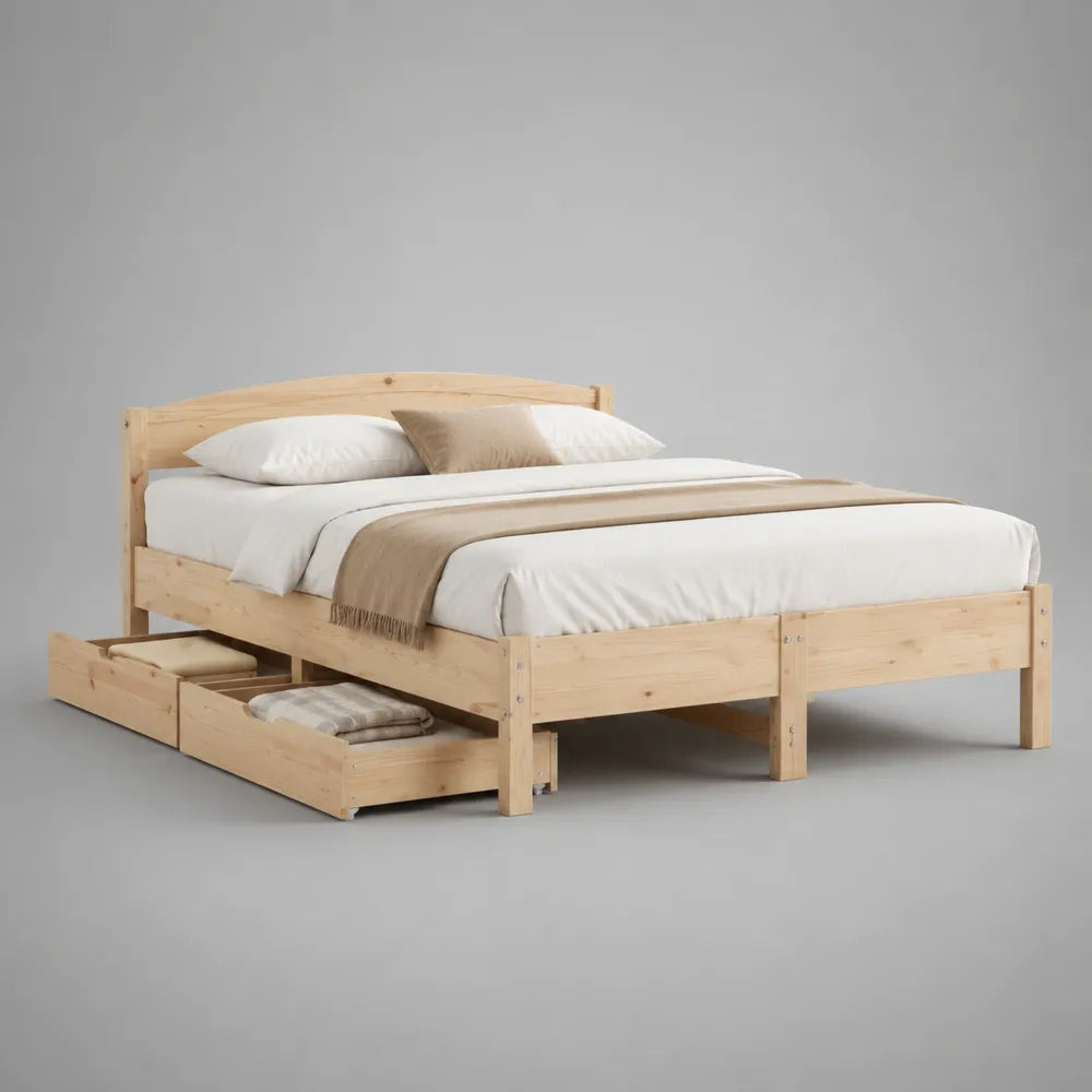 Letto matrimoniale 160 x 200 cm con cassetti laterali in legno massello di pino naturale testiera curva e rete a doghe