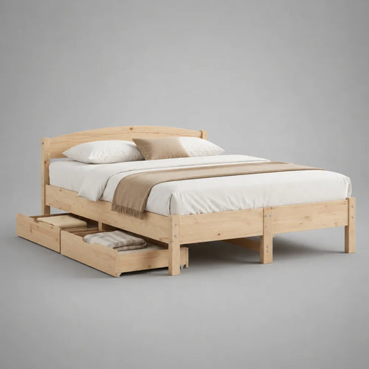 Letto matrimoniale 160 x 200 cm con cassetti laterali in legno massello di pino naturale testiera curva e rete a doghe