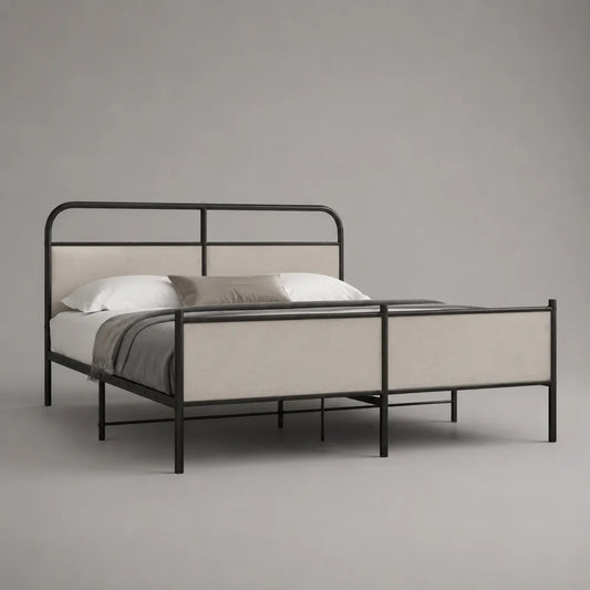 Letto matrimoniale 160 x 200 cm con struttura in acciaio nero testiera e pediera imbottite in tessuto beige forma rettangolare