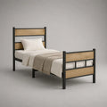 Letto singolo 90 x 200 cm struttura in acciaio verniciato nero con pannelli in legno naturale testiera e pediera integrate rete a doghe e gambe cilindriche