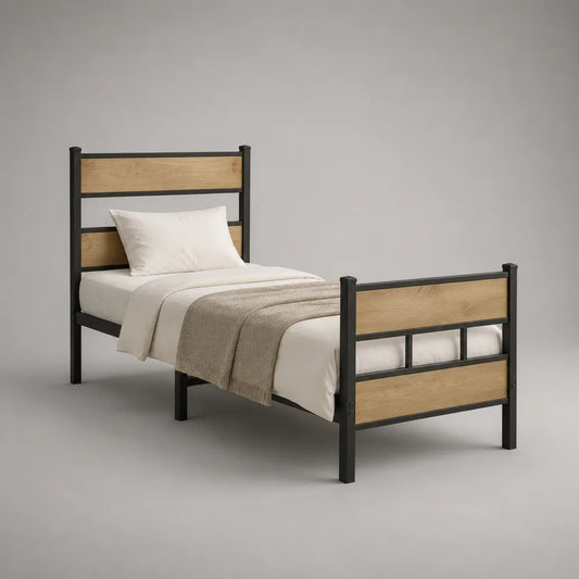 Letto singolo 90 x 200 cm struttura in acciaio verniciato nero con pannelli in legno naturale testiera e pediera integrate rete a doghe e gambe cilindriche