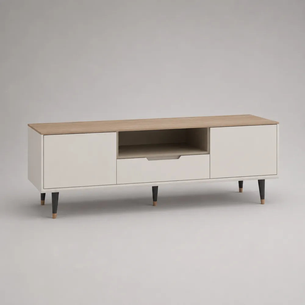 Mobile TV in pannello MDF effetto rovere chiaro e bianco con ante laterali e cassetto centrale 160 cm 40 cm 50 cm
