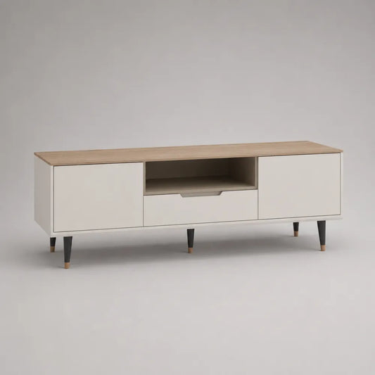Mobile TV in pannello MDF effetto rovere chiaro e bianco con ante laterali e cassetto centrale 160 cm 40 cm 50 cm