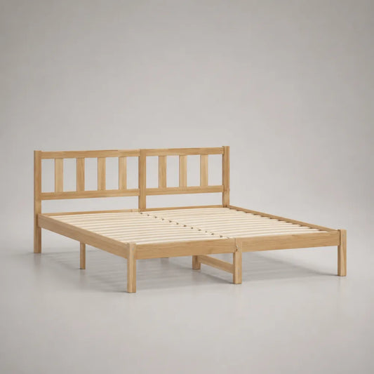 Letto matrimoniale 160 x 200 cm in legno massello di pino naturale con testiera a doghe e rete a doghe