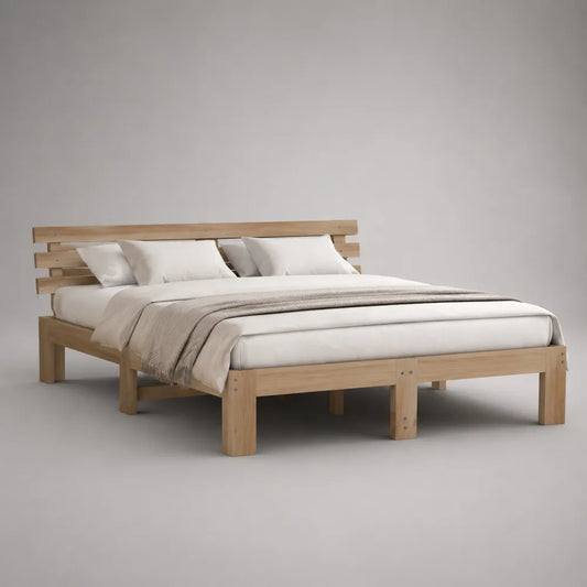 Letto matrimoniale 160 x 200 cm struttura in legno massello di pino colore legno naturale con testiera a doghe orizzontali e pediera a struttura aperta