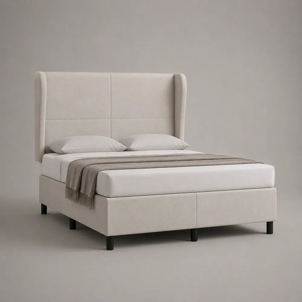 Letto matrimoniale 160 x 200 cm struttura imbottita in tessuto poliestere beige con testiera alta trapuntata e gambe in metallo nero