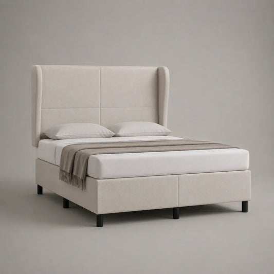 Letto matrimoniale 160 x 200 cm struttura imbottita in tessuto poliestere beige con testiera alta trapuntata e gambe in metallo nero