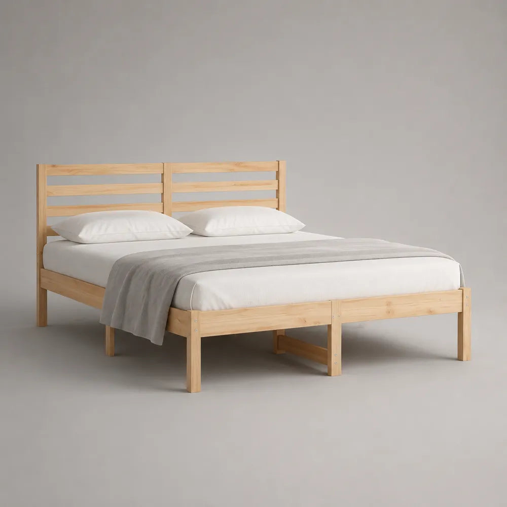 Letto matrimoniale 160x200 cm struttura in legno massello di pino naturale con testiera a doghe e rete a doghe in legno