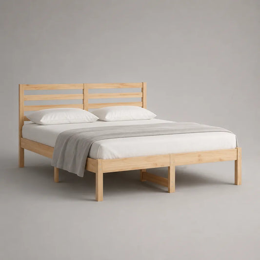 Letto matrimoniale 160x200 cm struttura in legno massello di pino naturale con testiera a doghe e rete a doghe in legno