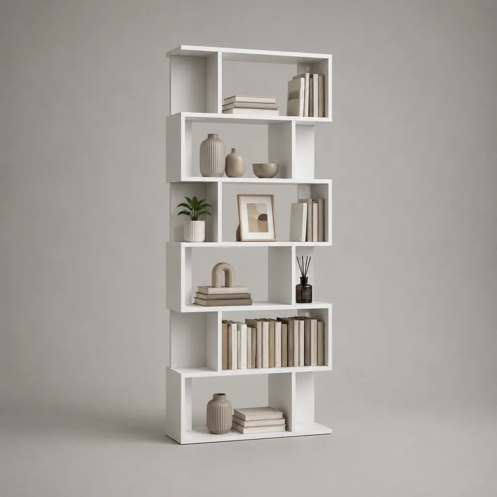 Libreria 80 x 30 x 180 cm in pannelli MDF bianco a 5 ripiani con vani sfalsati struttura verticale rettangolare