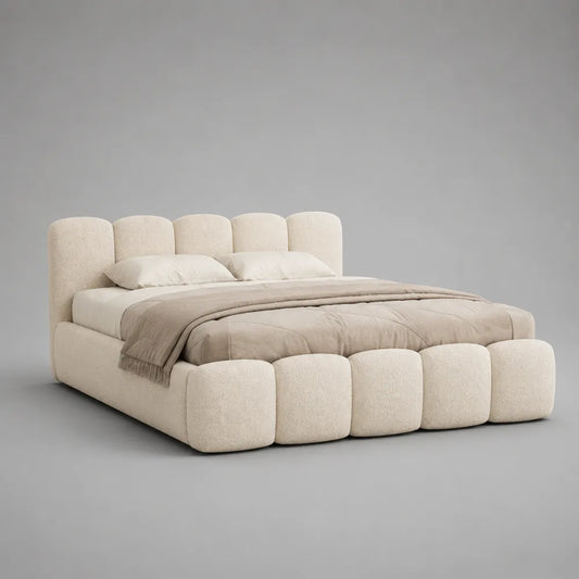 Letto matrimoniale 160x200 cm struttura imbottita tessuto bouclé beige con testiera e pediera a blocchi arrotondati rete a doghe