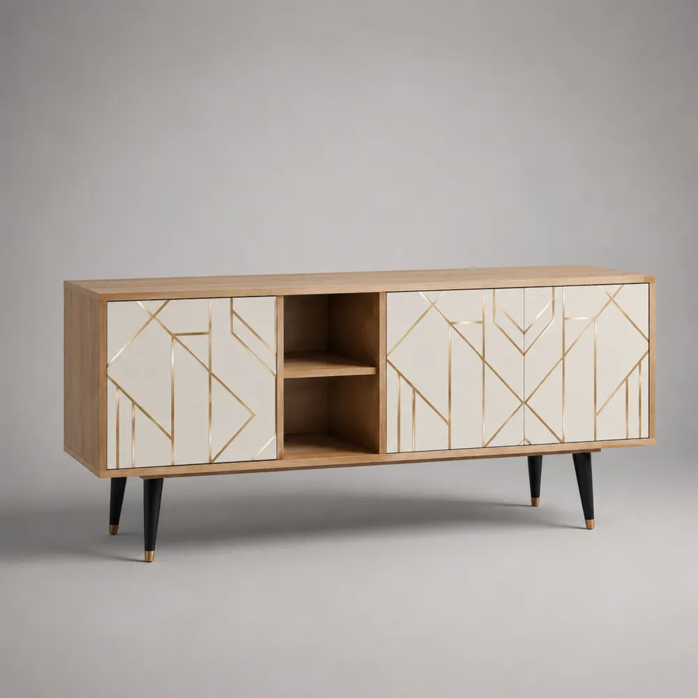 Mobile TV 160 cm x 40 cm x 55 cm in pannelli truciolari e MDF con finitura rovere chiaro bianco e decorazioni geometriche oro con 2 ante e vani aperti